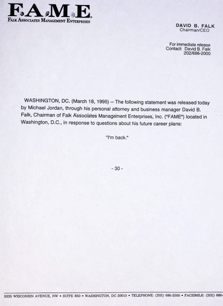 Il fax che annunciò il ritorno in campo di Jordan