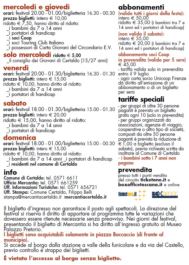 MERCANTIA 2019 - BIGLIETTI E ABBONAMENTI