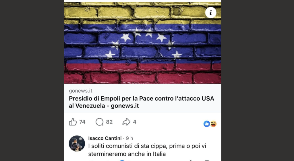 Cantini (FdI) commenta: "Comunisti vi stermineremo". SI risponde: "Frasi oltre ogni decenza"